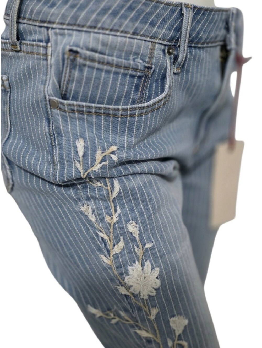 DRIFTWOOD Light Blue Pinstripe Skinny Jeans with White Floral Embroidery NWT - Picture 3 of 15